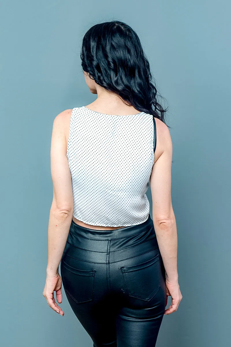 Polka Dot Sleeveless Button Down Tie Front Crop Top* (KT14681)
