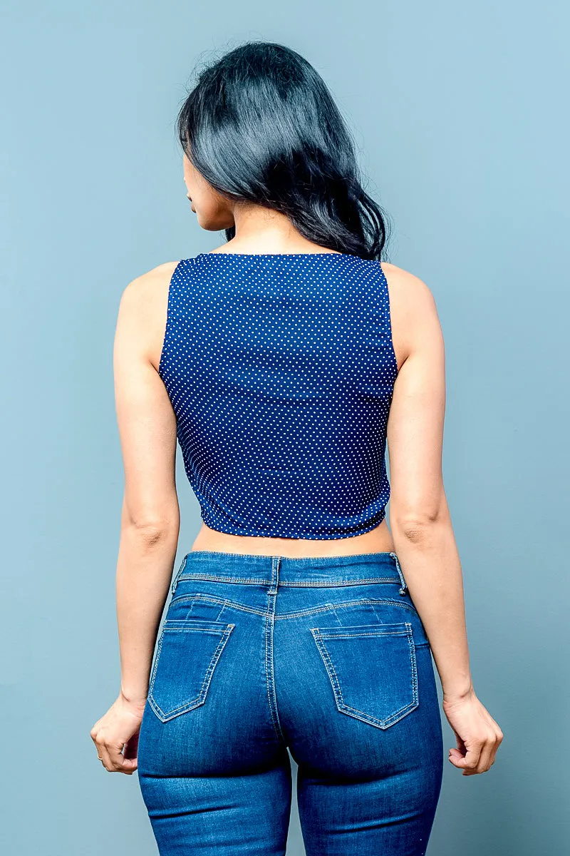 Polka Dot Sleeveless Button Down Tie Front Crop Top* (KT14681)