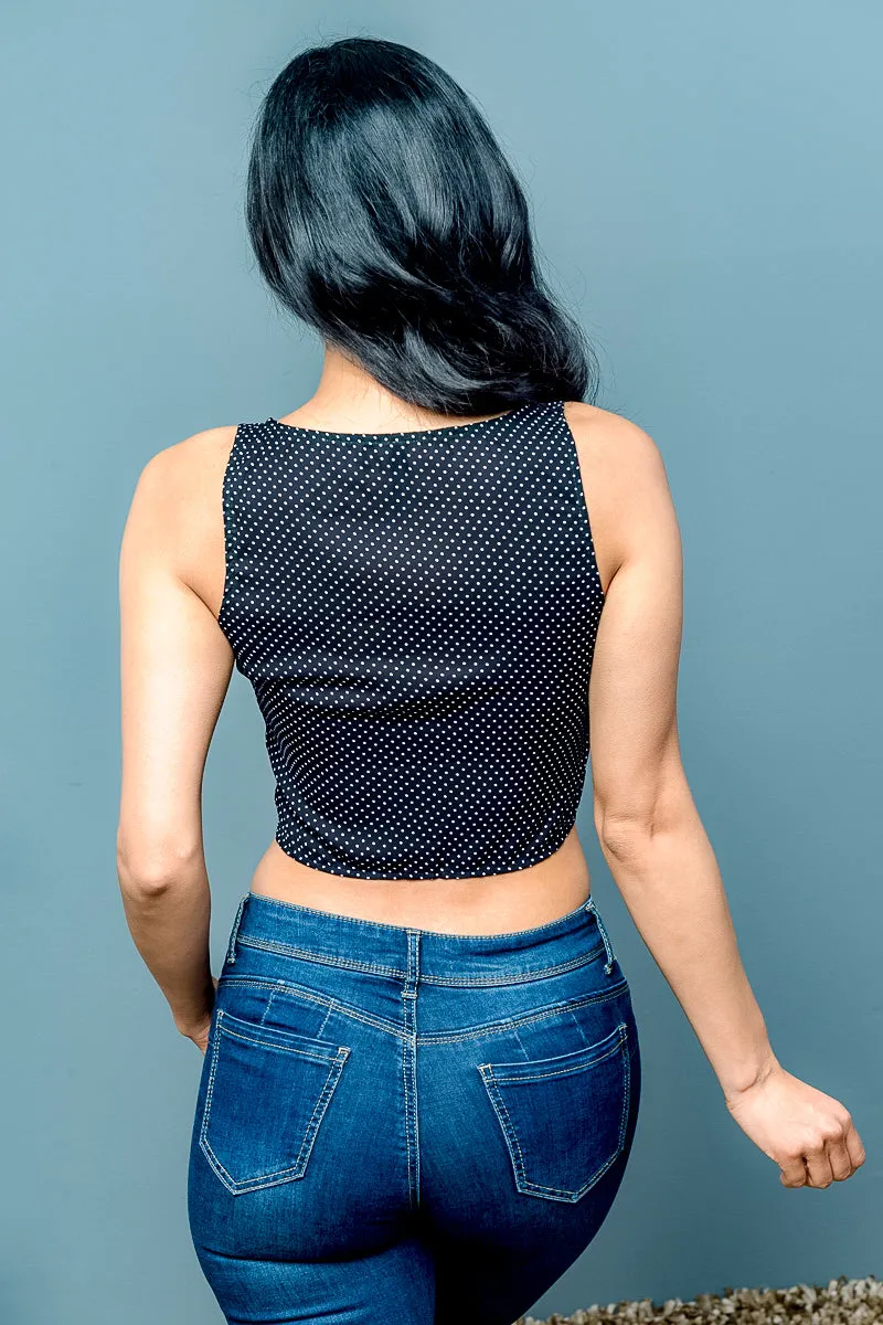 Polka Dot Sleeveless Button Down Tie Front Crop Top* (KT14681)