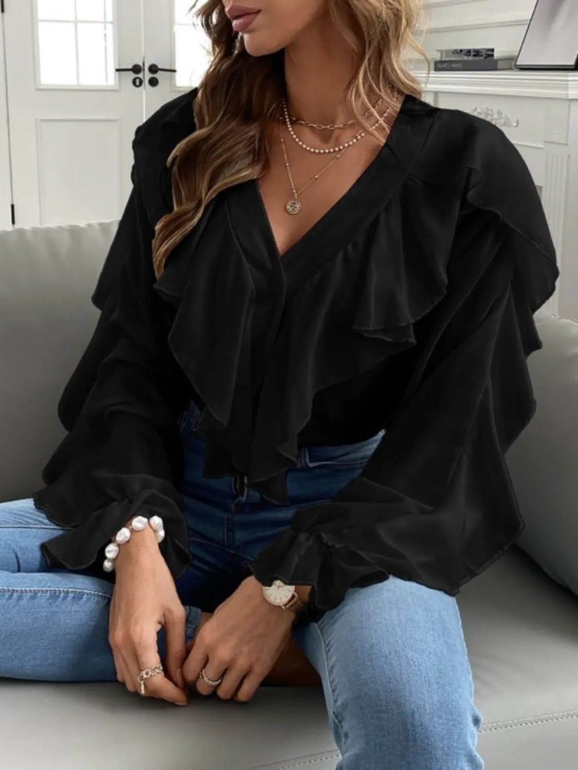 Portia Full Size Ruffled V-Neck Button Down Flounce Sleeve Blouse