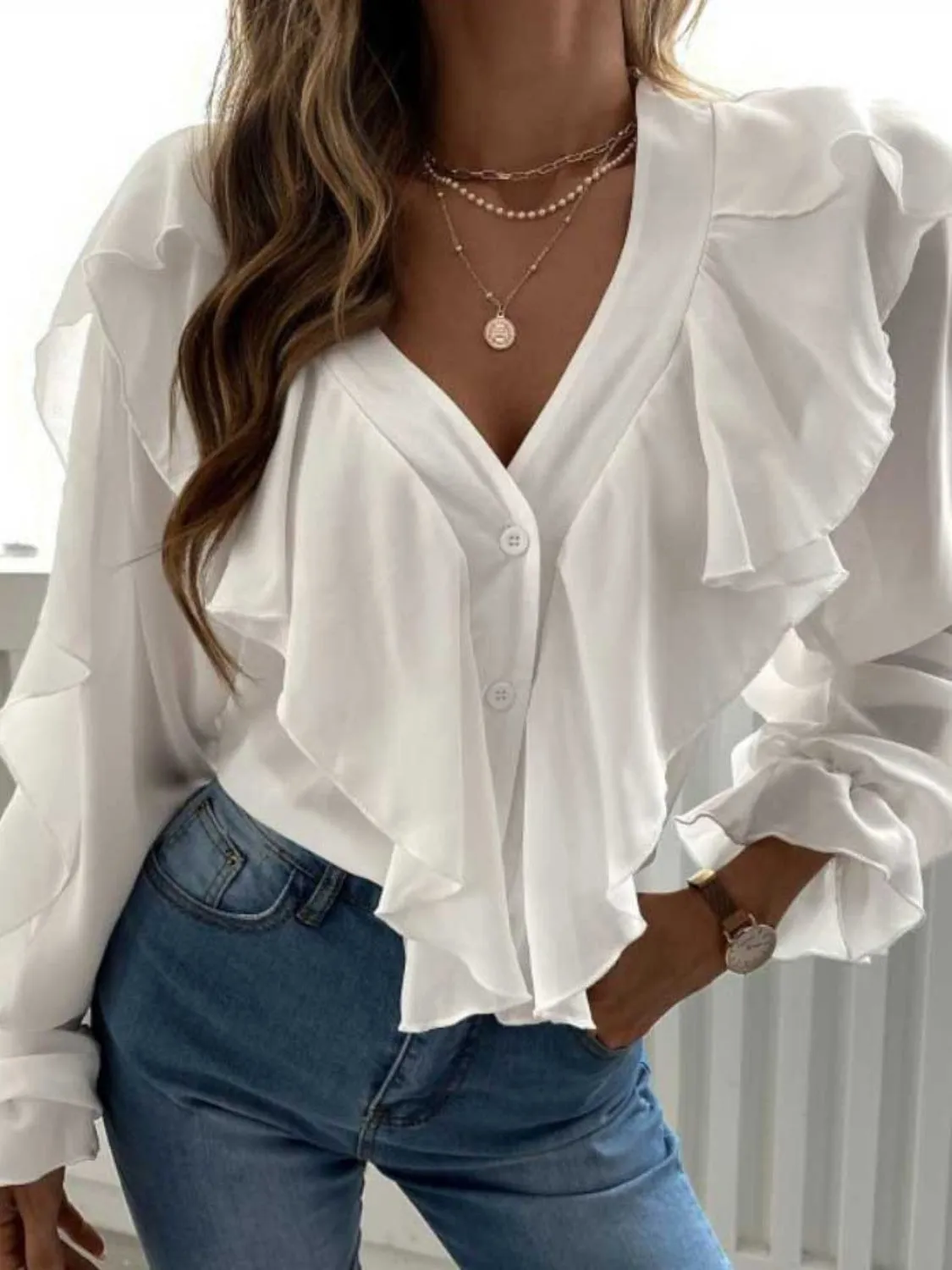 Portia Full Size Ruffled V-Neck Button Down Flounce Sleeve Blouse