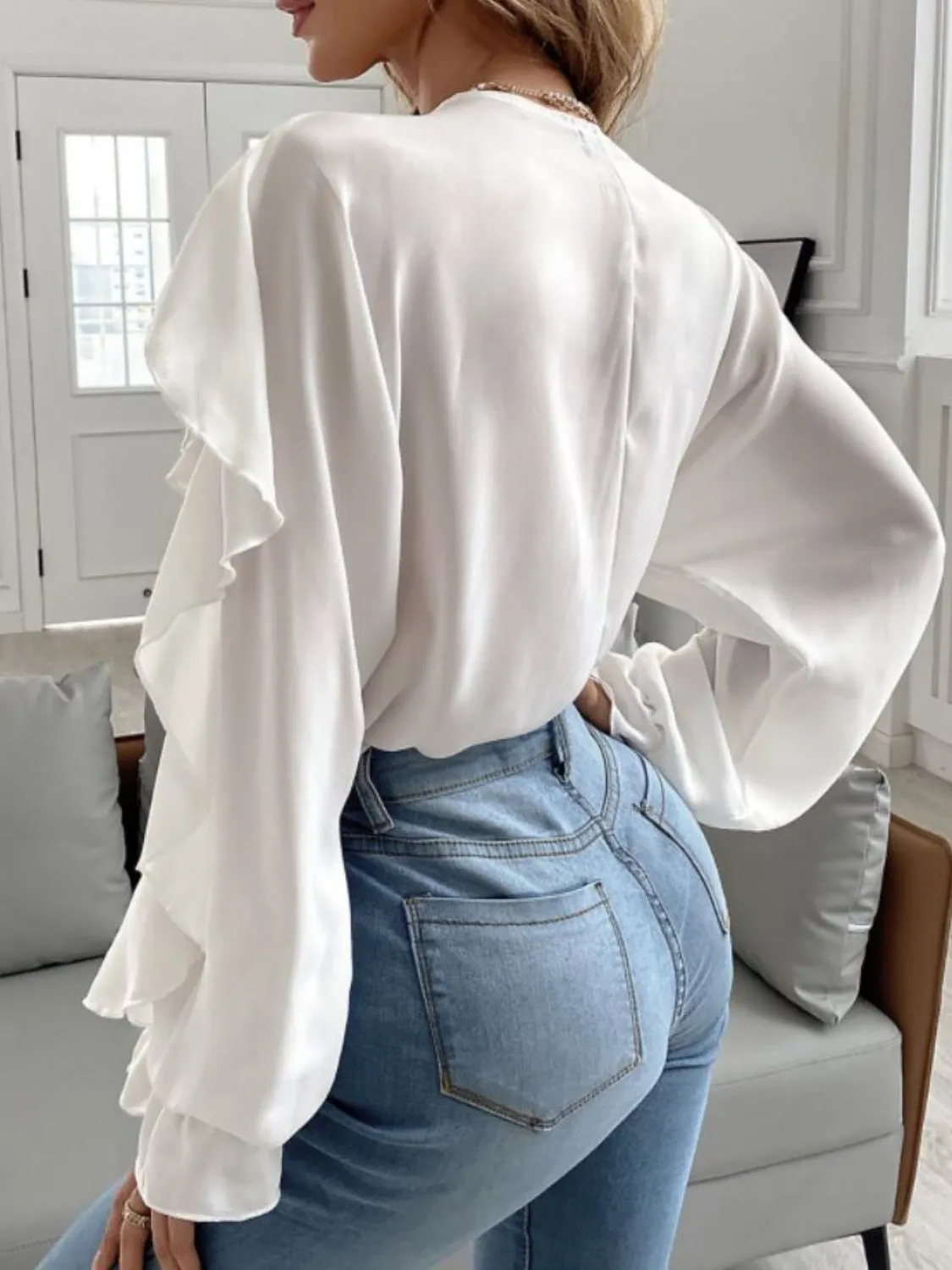 Portia Full Size Ruffled V-Neck Button Down Flounce Sleeve Blouse