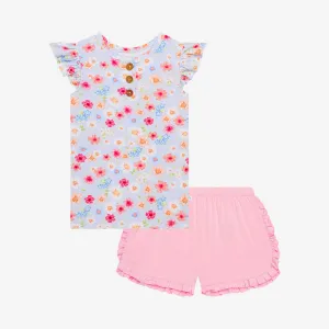 Posh Peanut Carissa Henley Ruffled Capsleeve Top & Ruffled Varsity Short