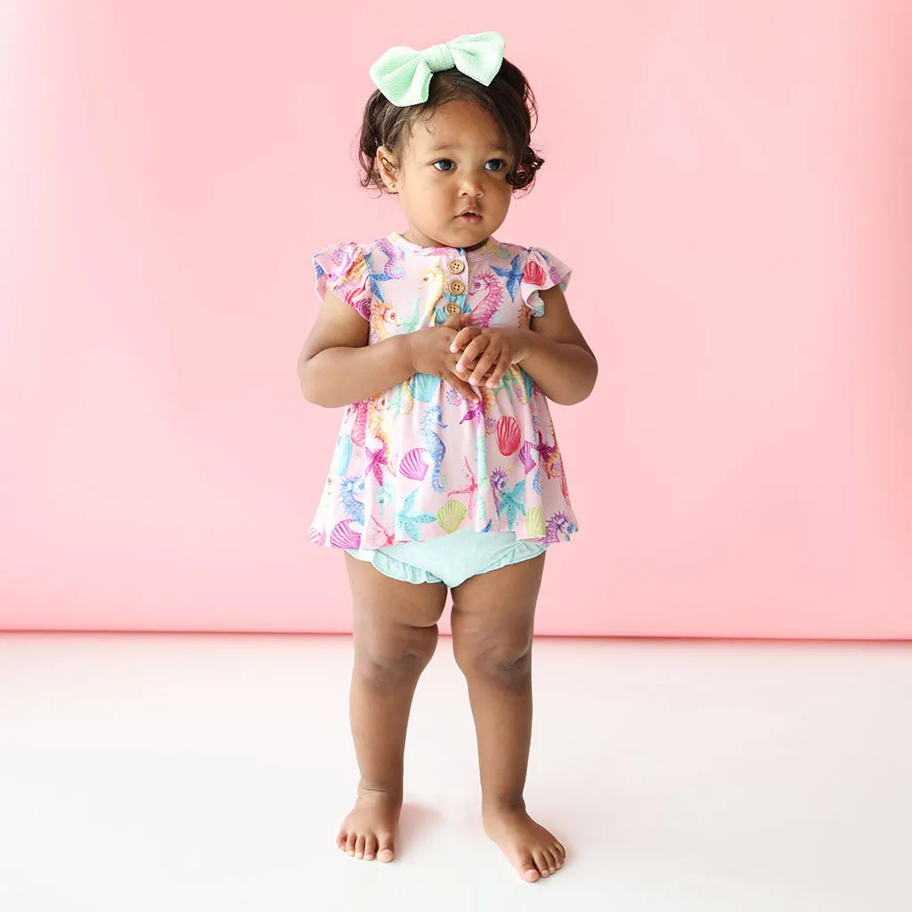 Posh Peanut Coral Ruffled Capsleeve Henley Peplum Top & Bloomer Set