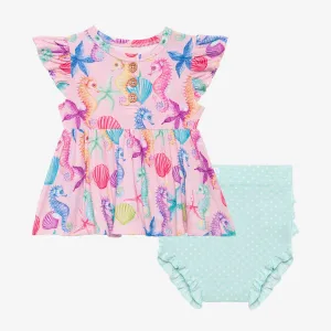 Posh Peanut Coral Ruffled Capsleeve Henley Peplum Top & Bloomer Set