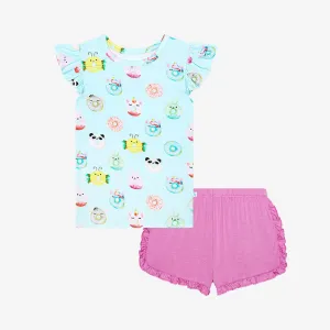 Posh Peanut Donuts Basic Ruffled Capsleeve Top & Ruffled Varsity Short