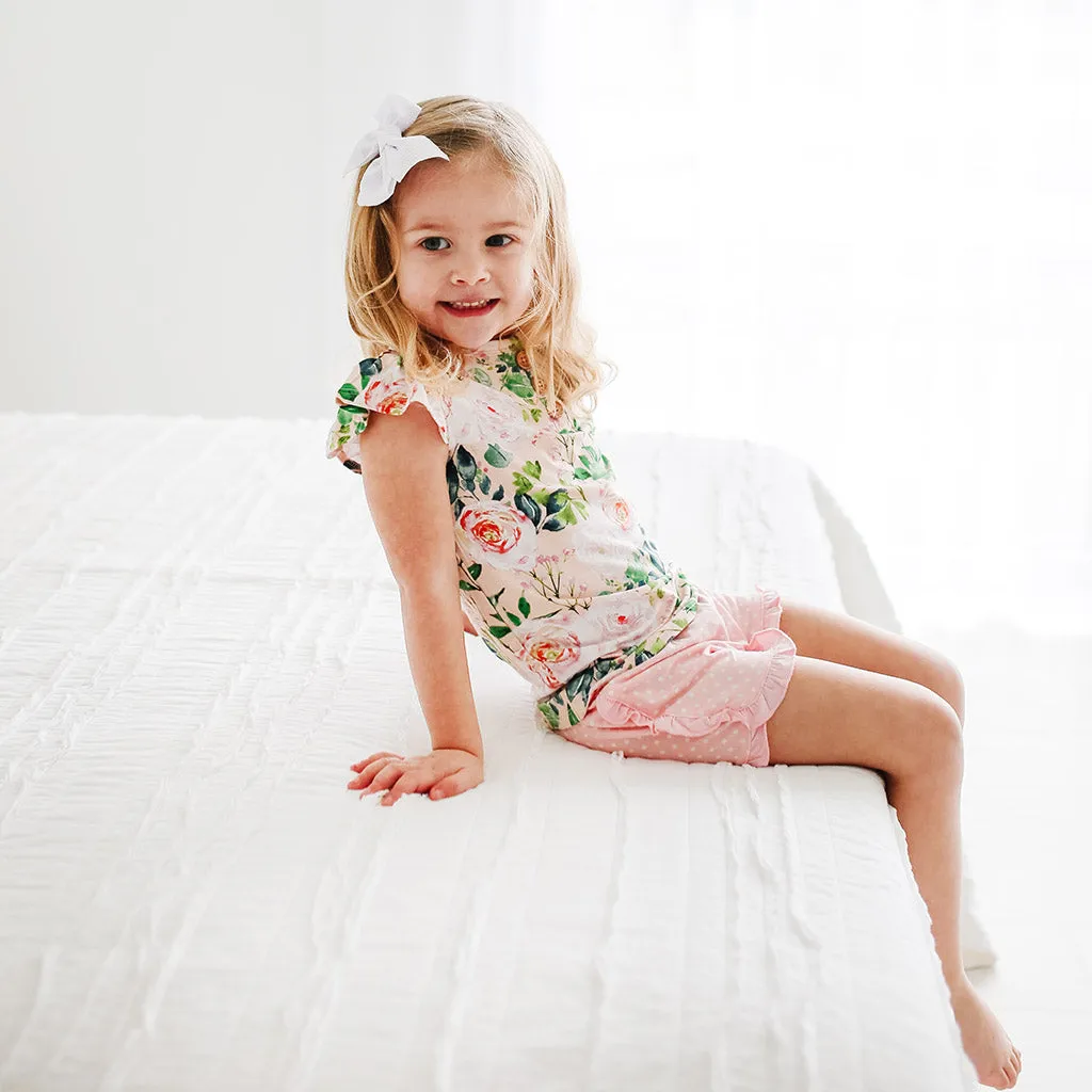 Posh Peanut Harper Henley Ruffled Capsleeve Top & Ruffled Varsity Short