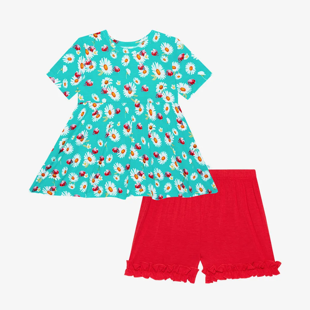 Posh Peanut Ladybug Basic S/S Peplum Top & Ruffled Short Set