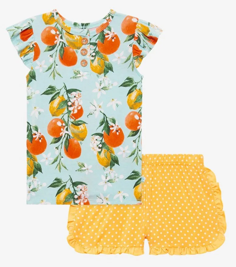 Posh Peanut Mirabella Henley Ruffled Capsleeve Top & Ruffled Varsity Short