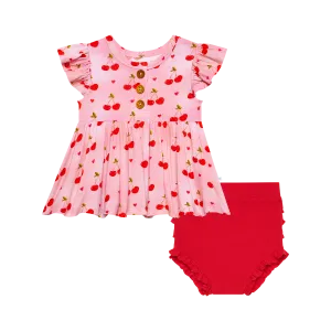 Posh Peanut Very Cherry Ruffled Capsleeve Henley Peplum Top & Bloomer Set