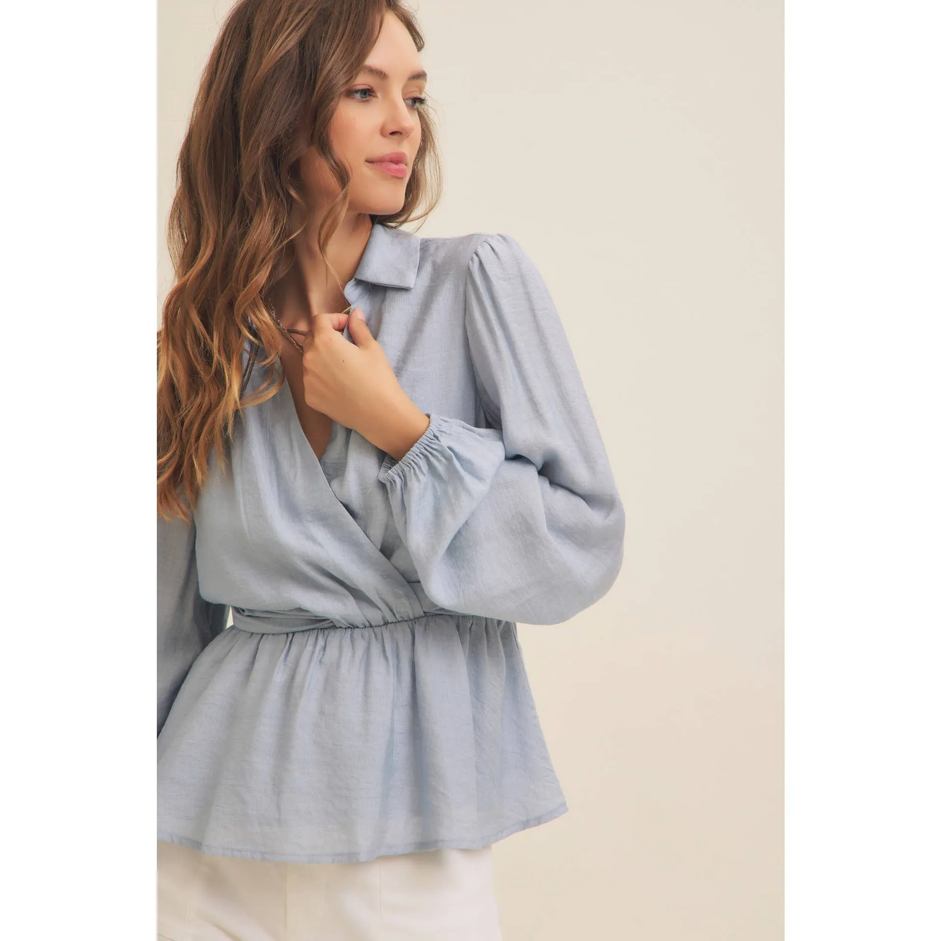 Powder Blue V-Neck Peplum Blouse