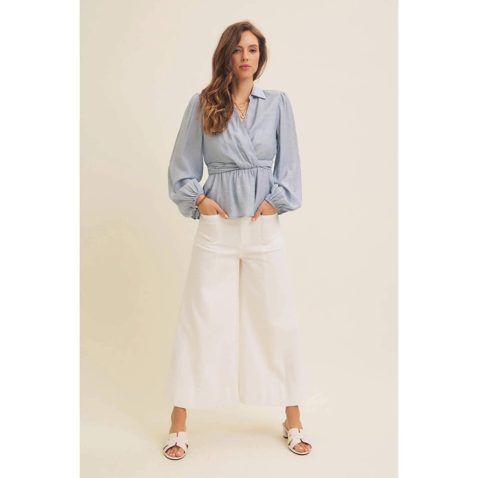 Powder Blue V-Neck Peplum Blouse