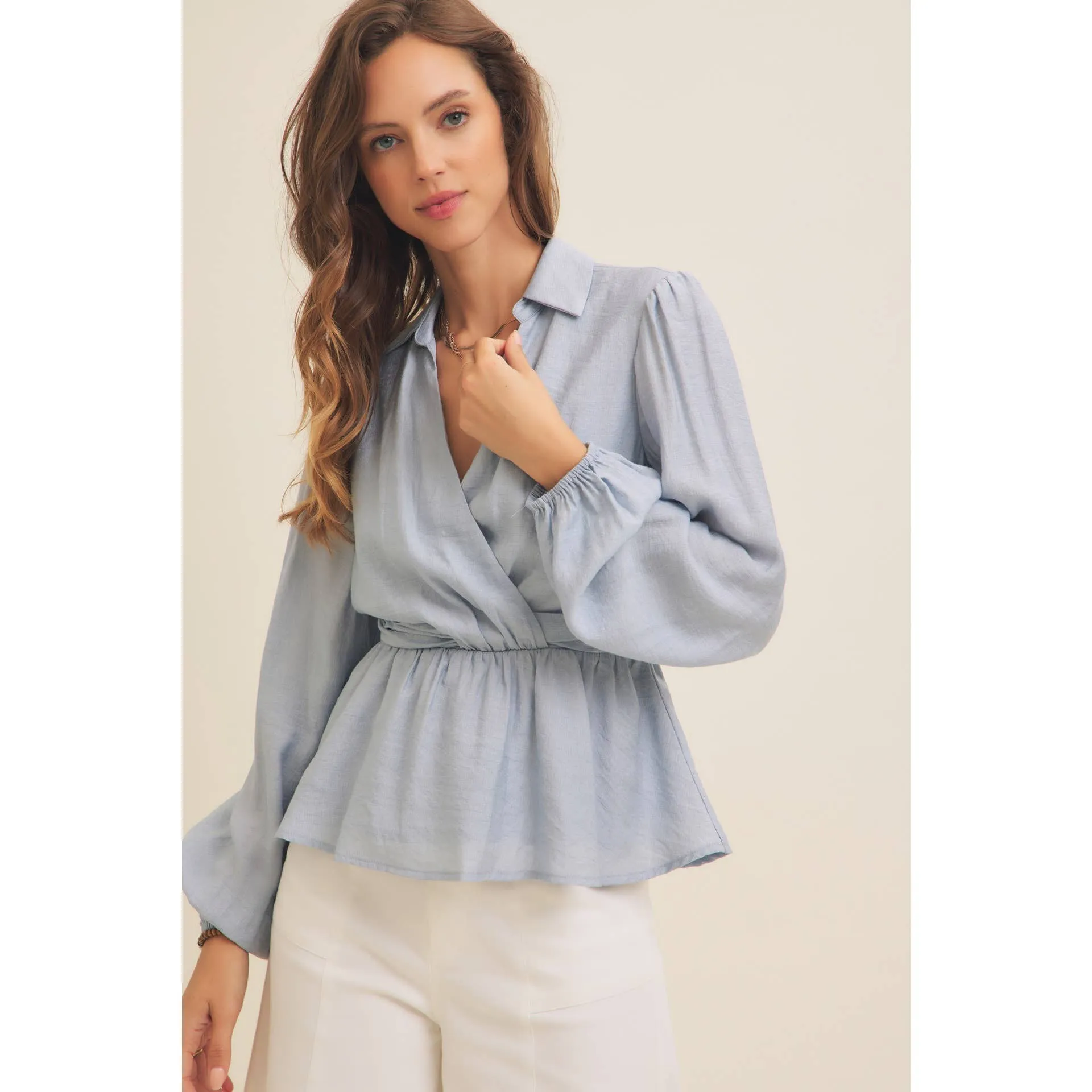 Powder Blue V-Neck Peplum Blouse
