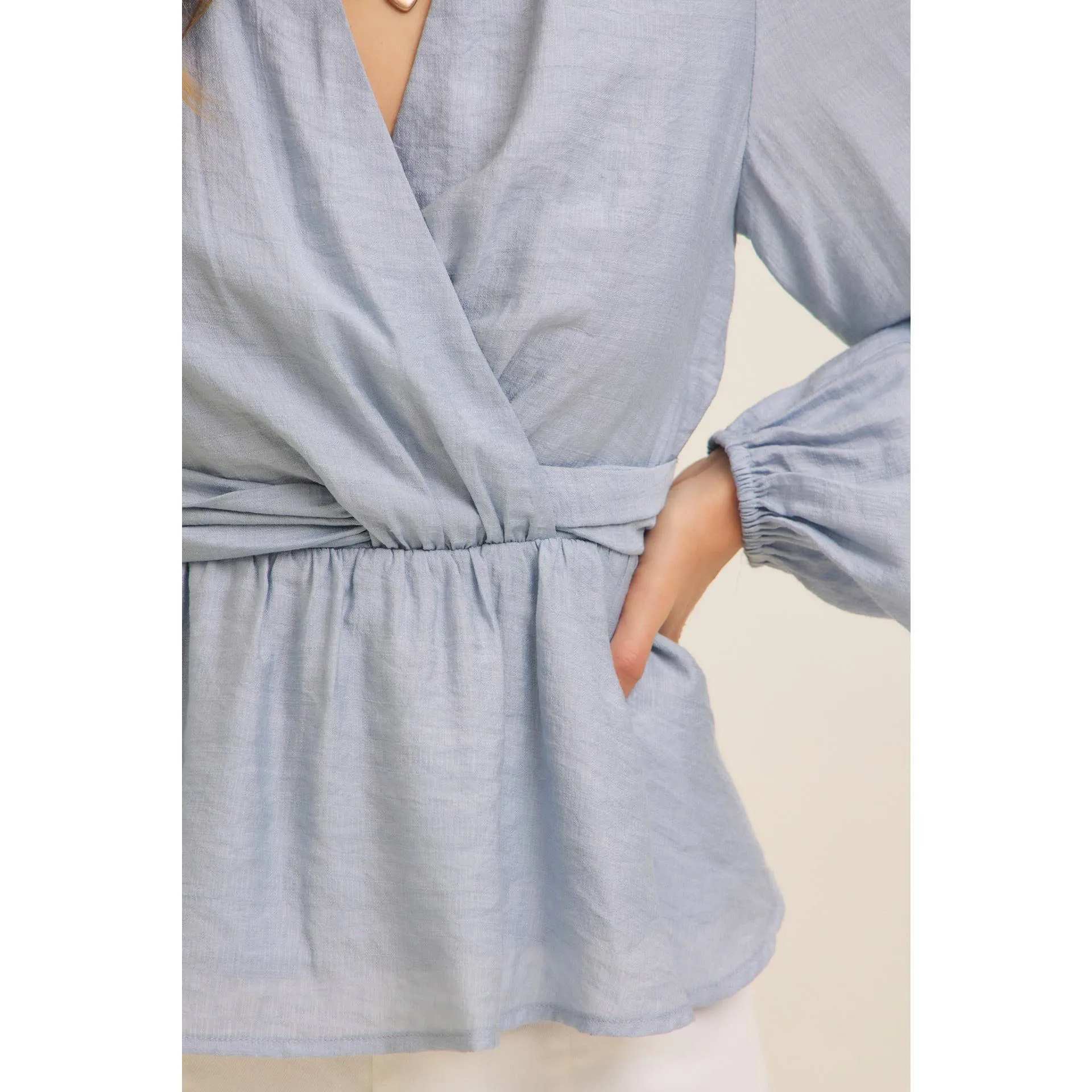 Powder Blue V-Neck Peplum Blouse