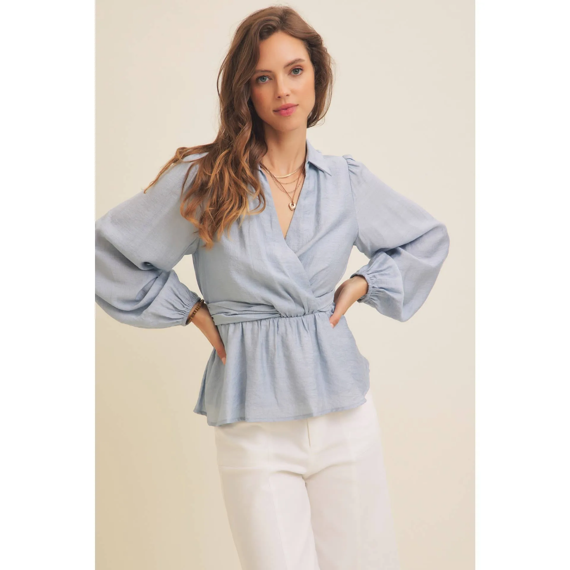 Powder Blue V-Neck Peplum Blouse