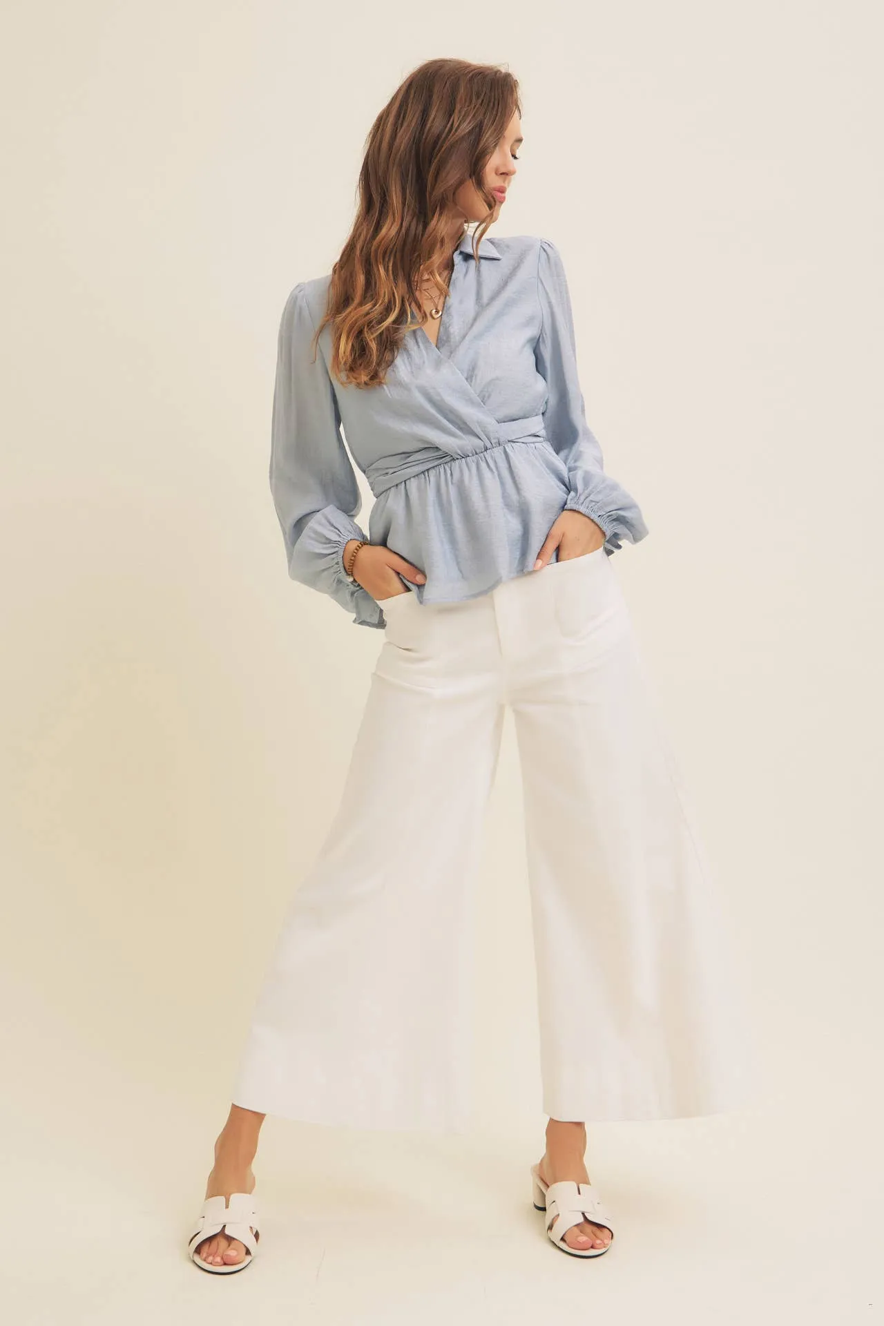 Powder Blue V-Neck Peplum Blouse
