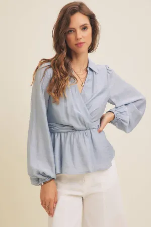 Powder Blue V-Neck Peplum Blouse