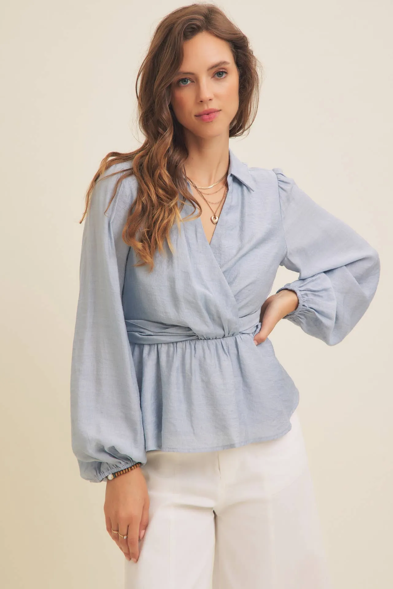 Powder Blue V-Neck Peplum Blouse
