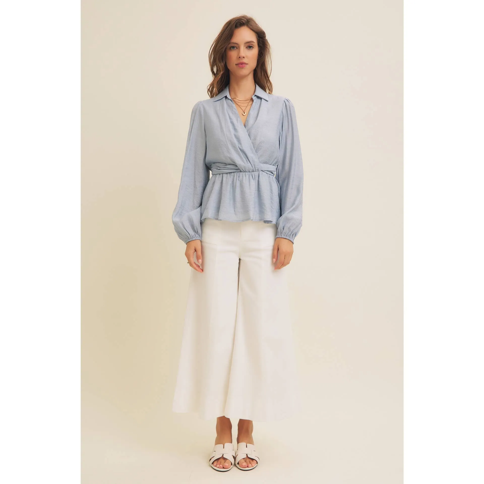 Powder Blue V-Neck Peplum Blouse