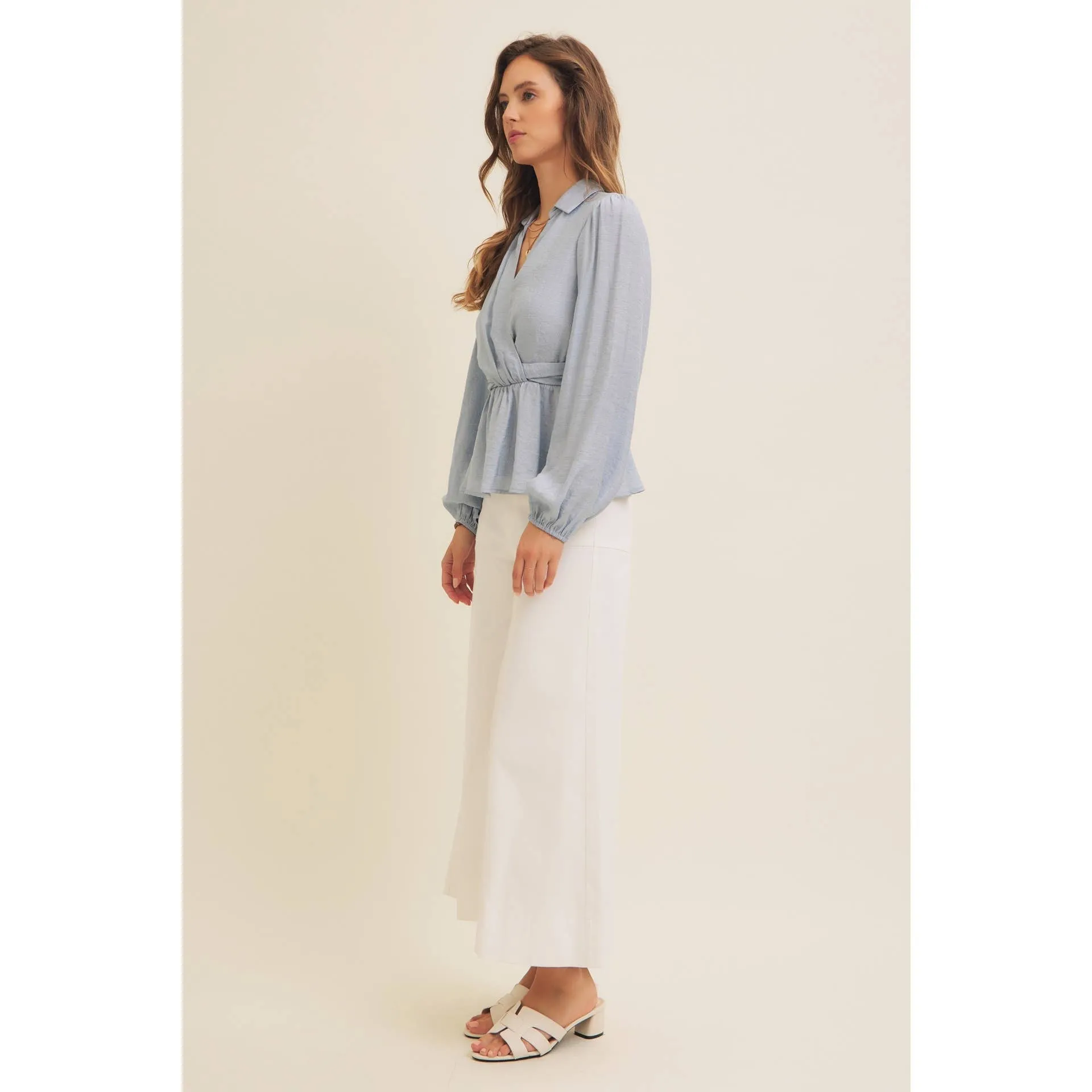 Powder Blue V-Neck Peplum Blouse
