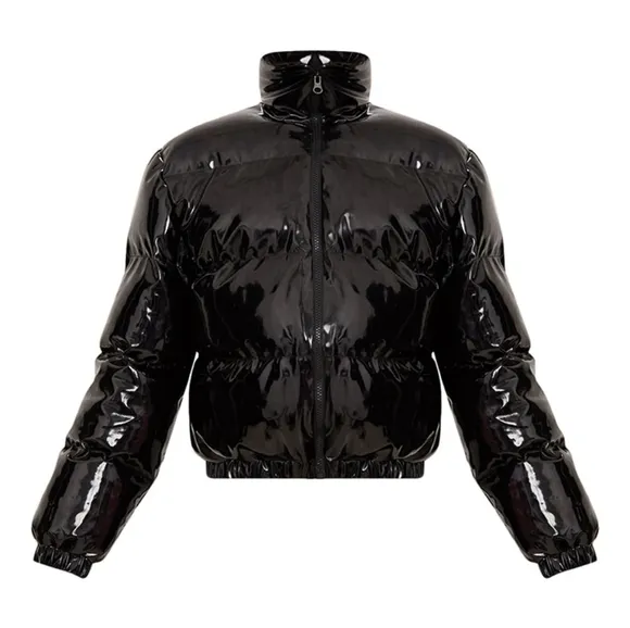 PRETTYLITTLETHING Black Cropped Vinyl Puffer Jacket