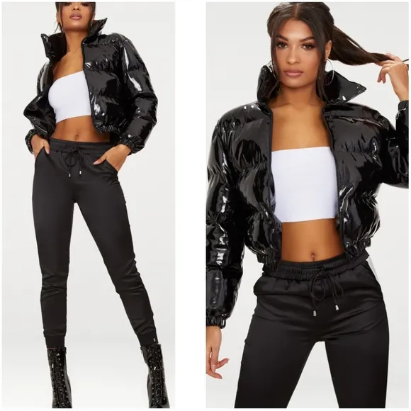 PRETTYLITTLETHING Black Cropped Vinyl Puffer Jacket