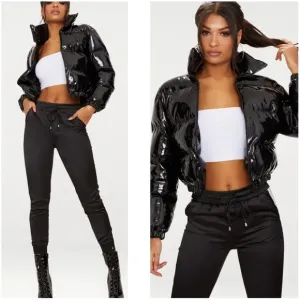 PRETTYLITTLETHING Black Cropped Vinyl Puffer Jacket