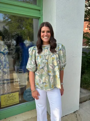 Printed Ballon Sleeve High Round Neck Top