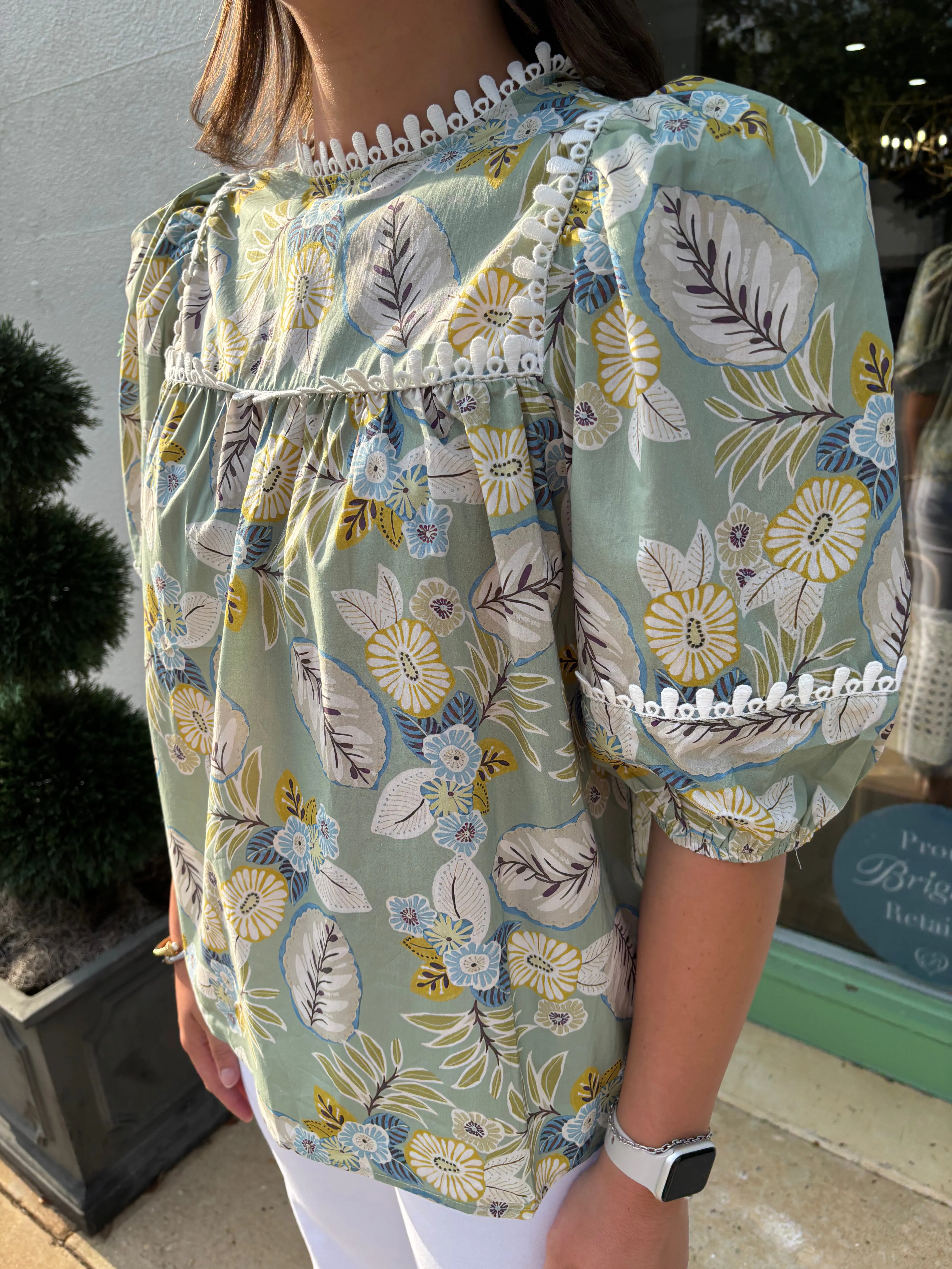 Printed Ballon Sleeve High Round Neck Top
