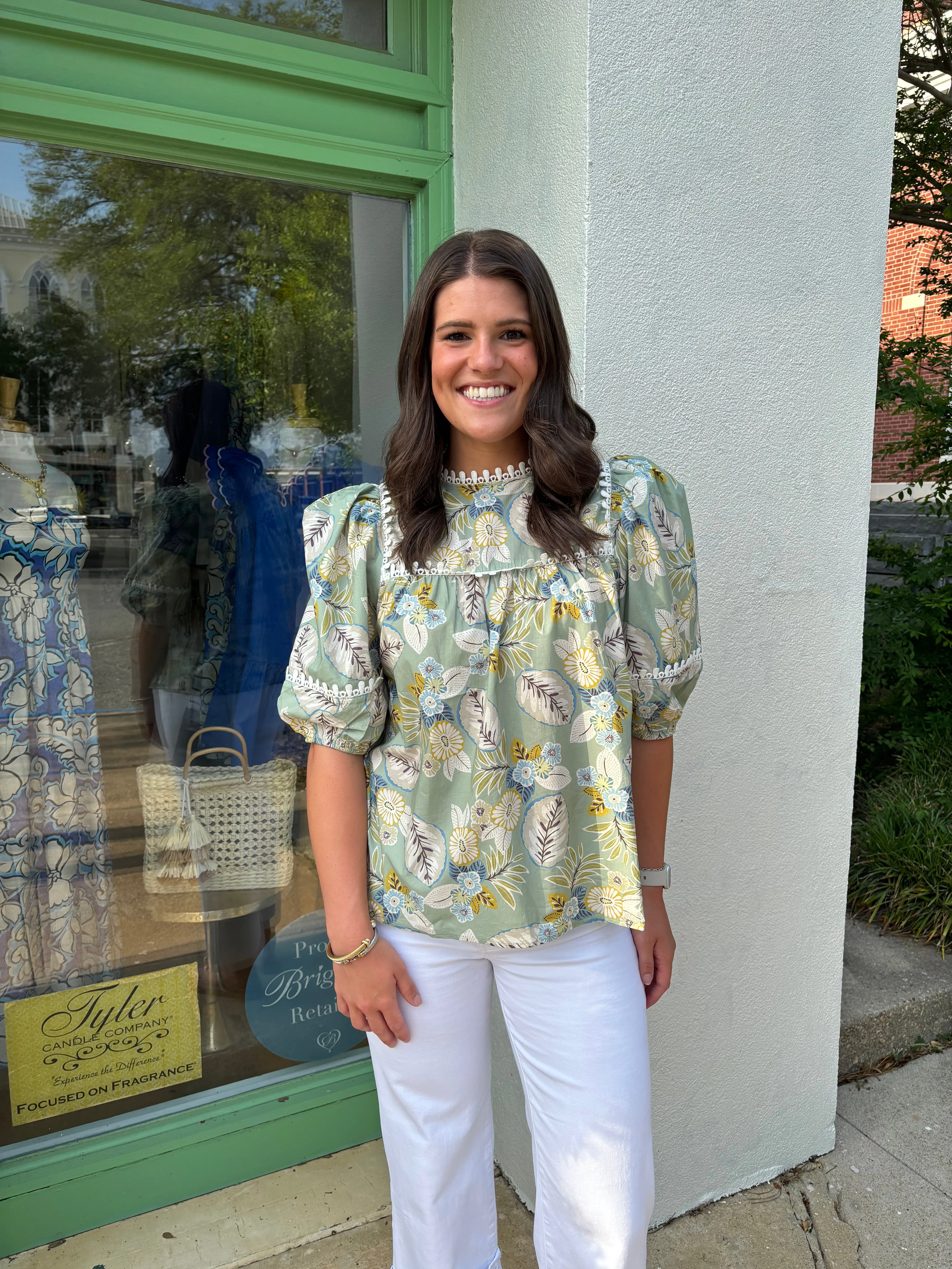Printed Ballon Sleeve High Round Neck Top