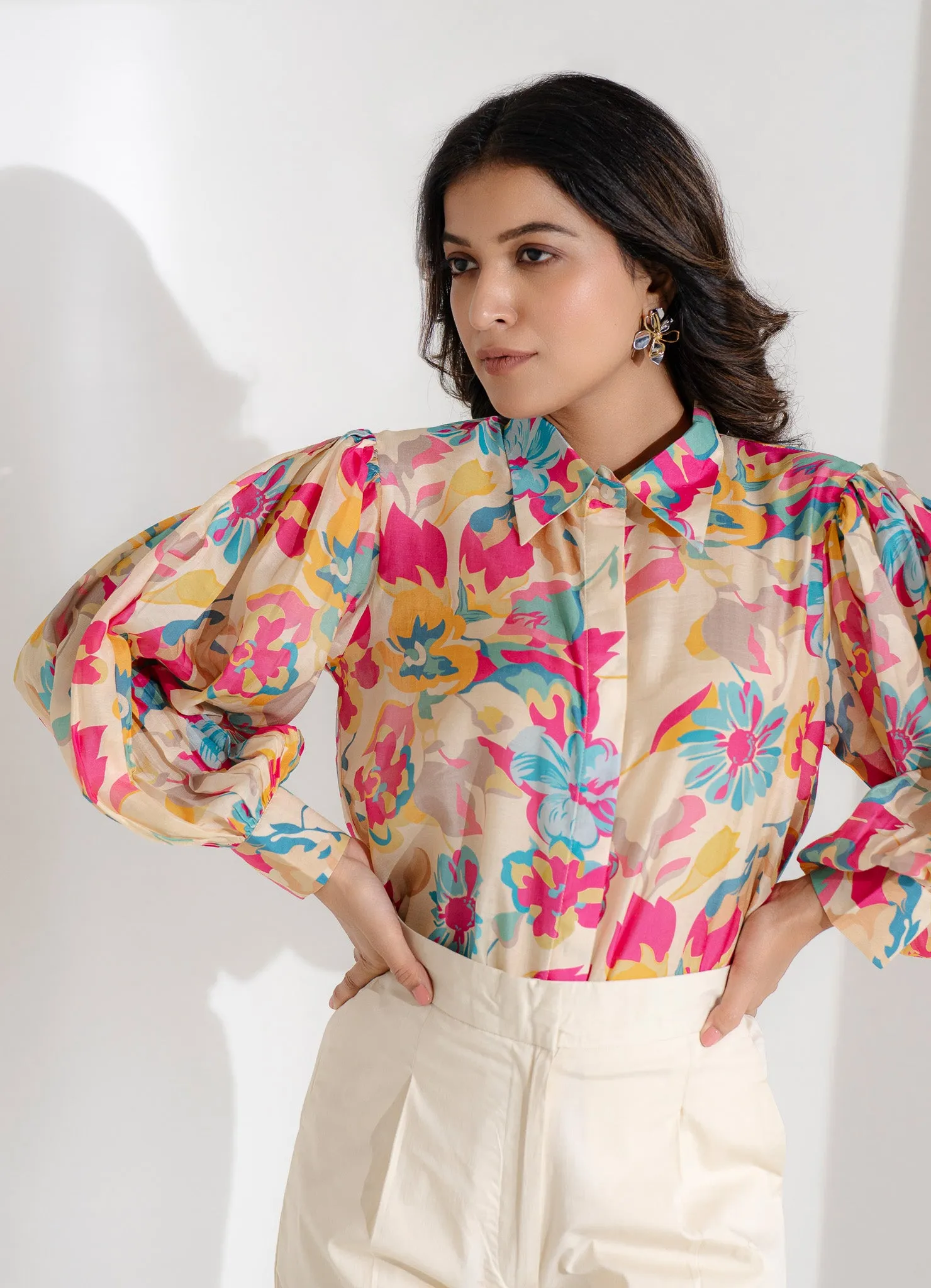 Printed Ballon Sleeve Muslin Shirt