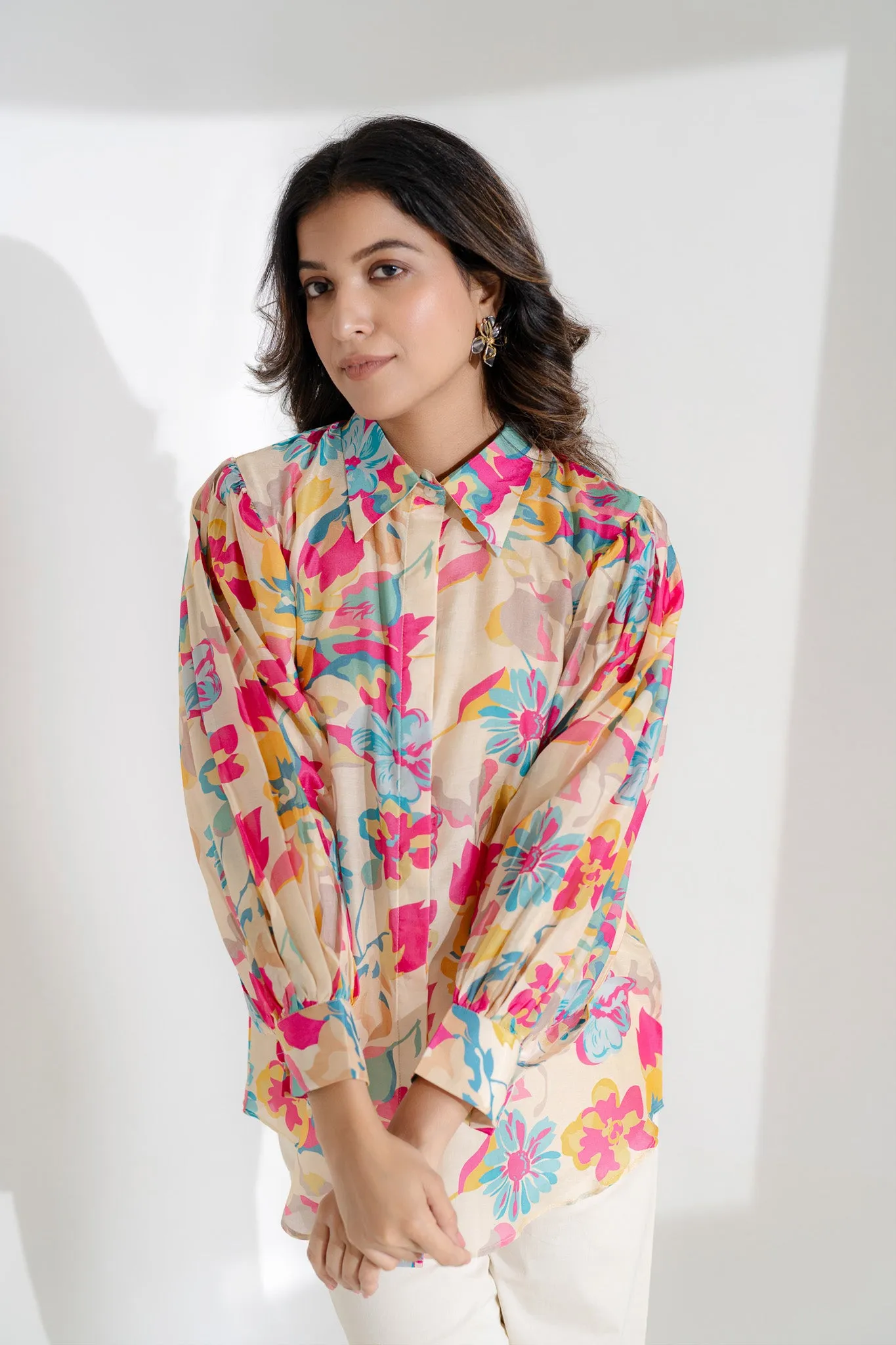 Printed Ballon Sleeve Muslin Shirt