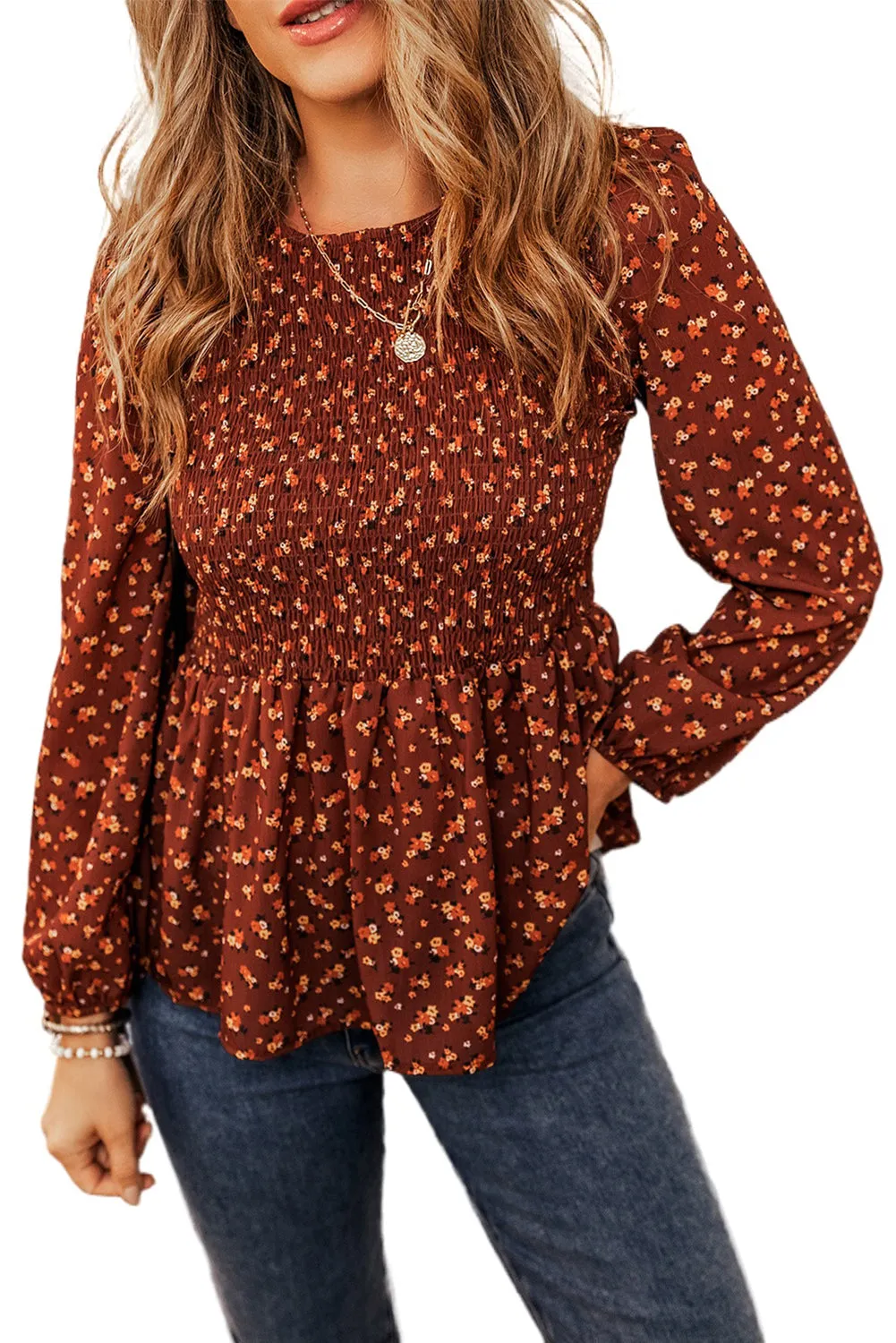 Printed Boho Floral Smocked Bust Ruffled Peplum Blouse