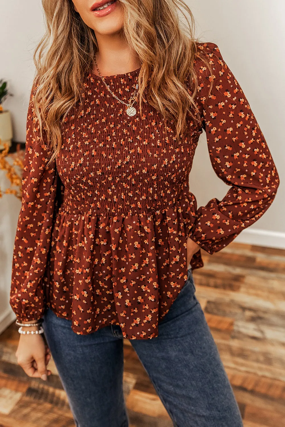 Printed Boho Floral Smocked Bust Ruffled Peplum Blouse