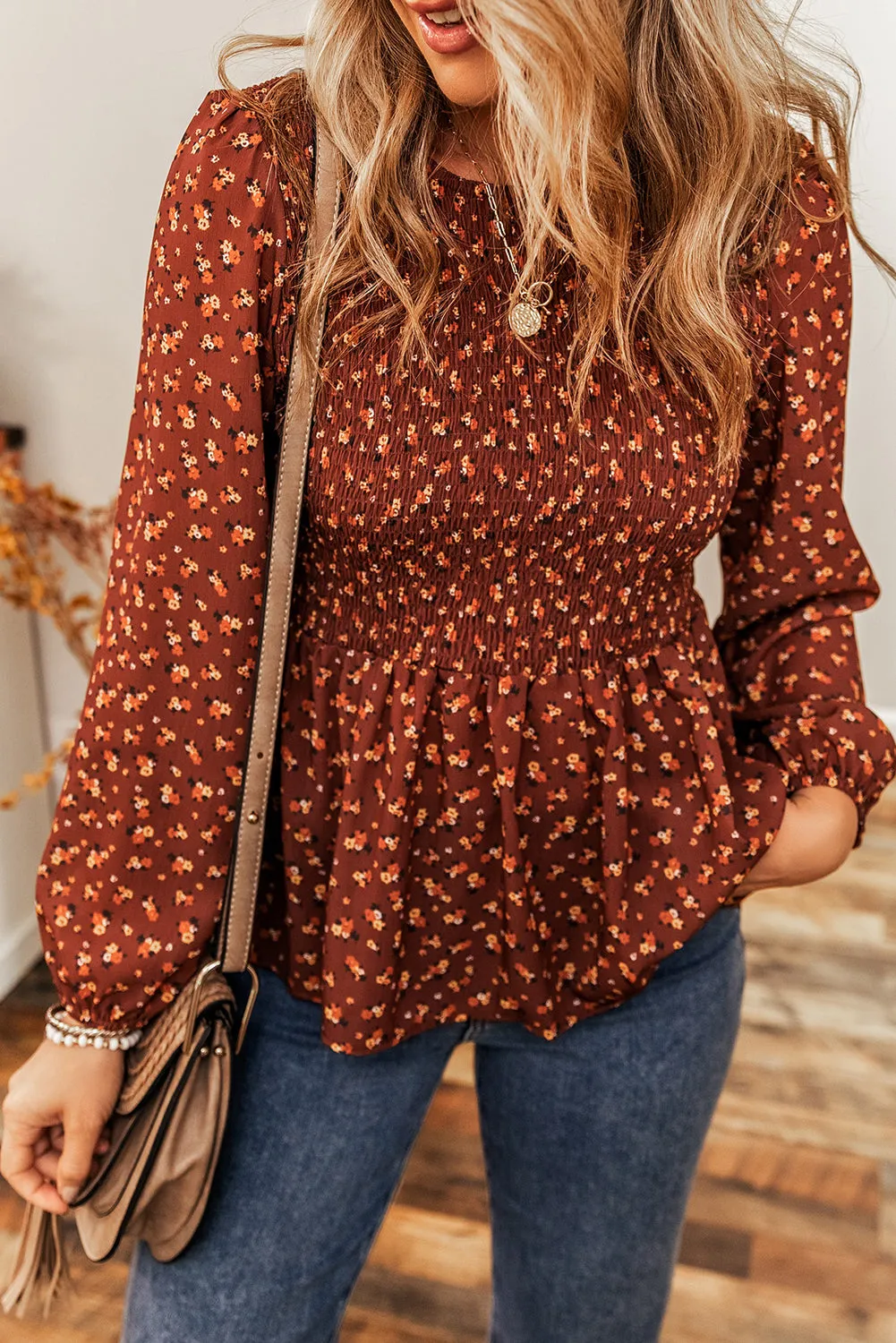 Printed Boho Floral Smocked Bust Ruffled Peplum Blouse