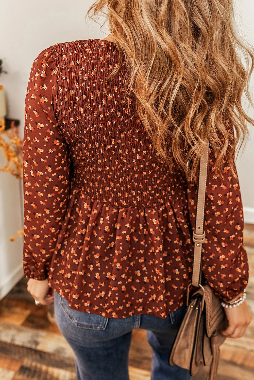 Printed Boho Floral Smocked Bust Ruffled Peplum Blouse