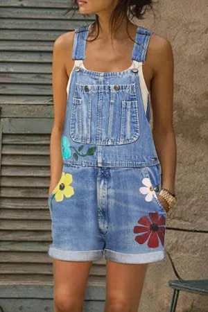 Printed Slim Denim Bib Shorts Overalls