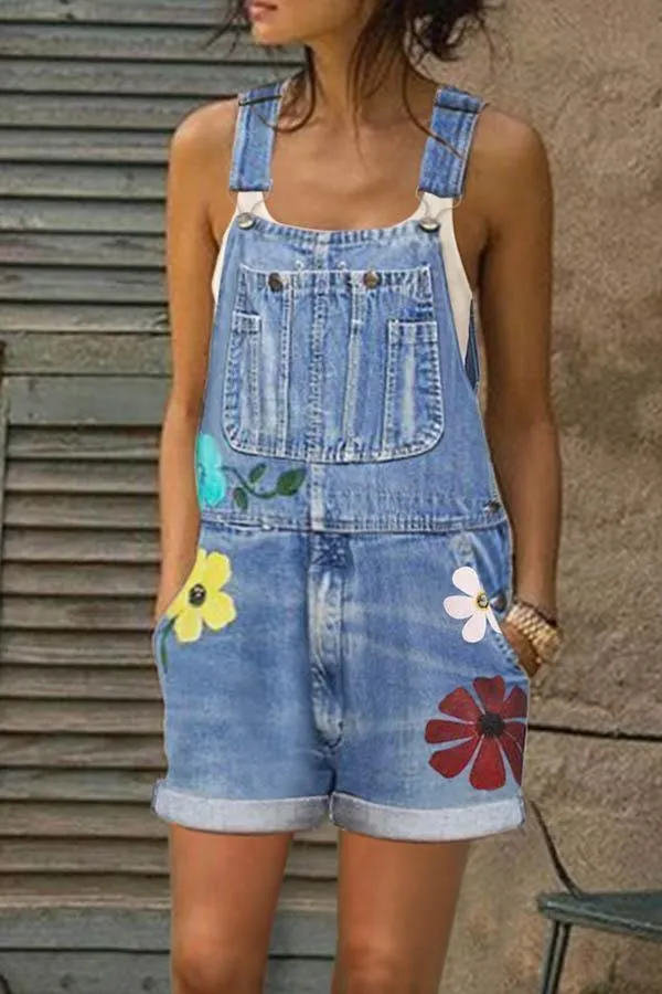 Printed Slim Denim Bib Shorts Overalls