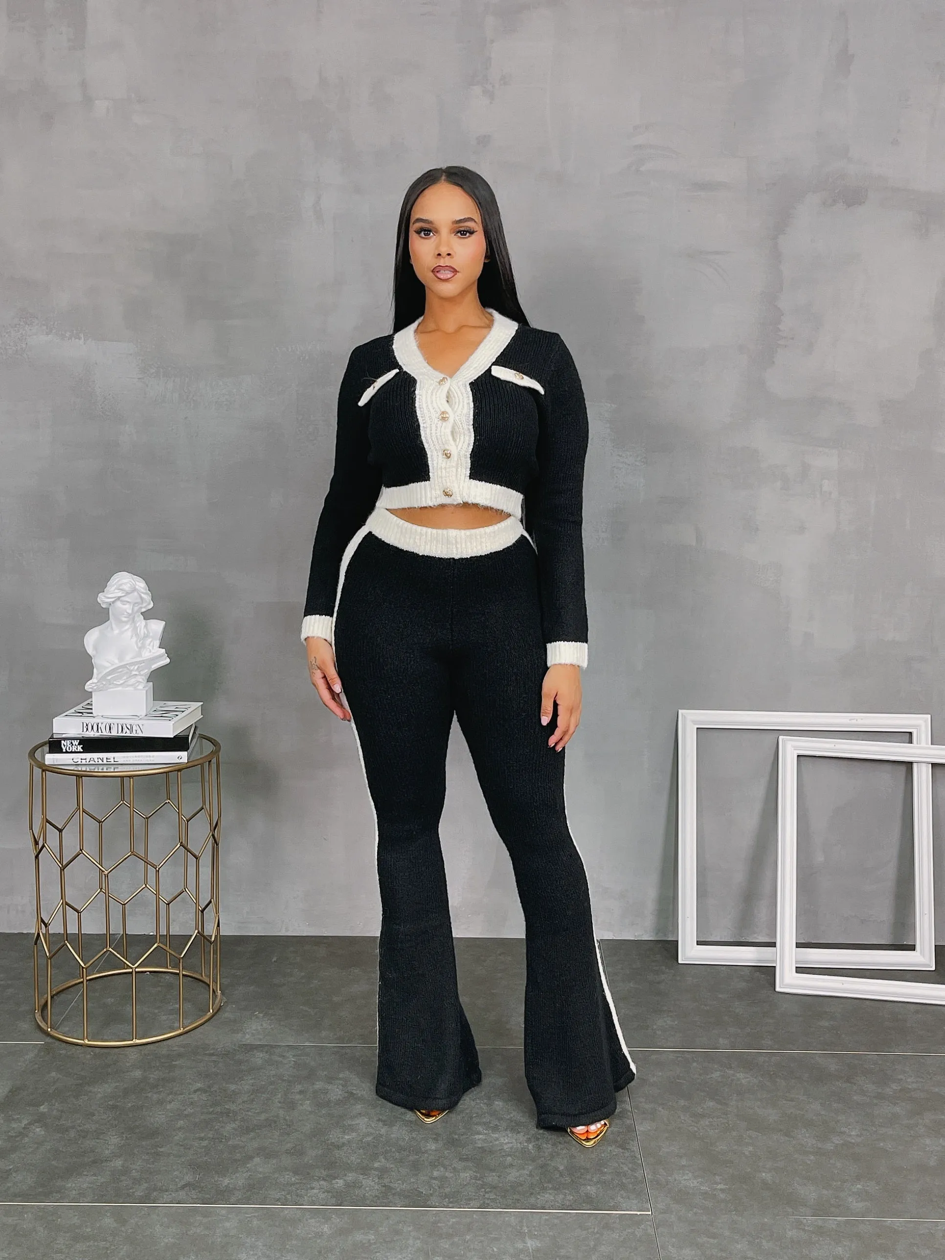 PT20420P - GOLD BOTTON KNIT CARDIGAN&PANTS SET