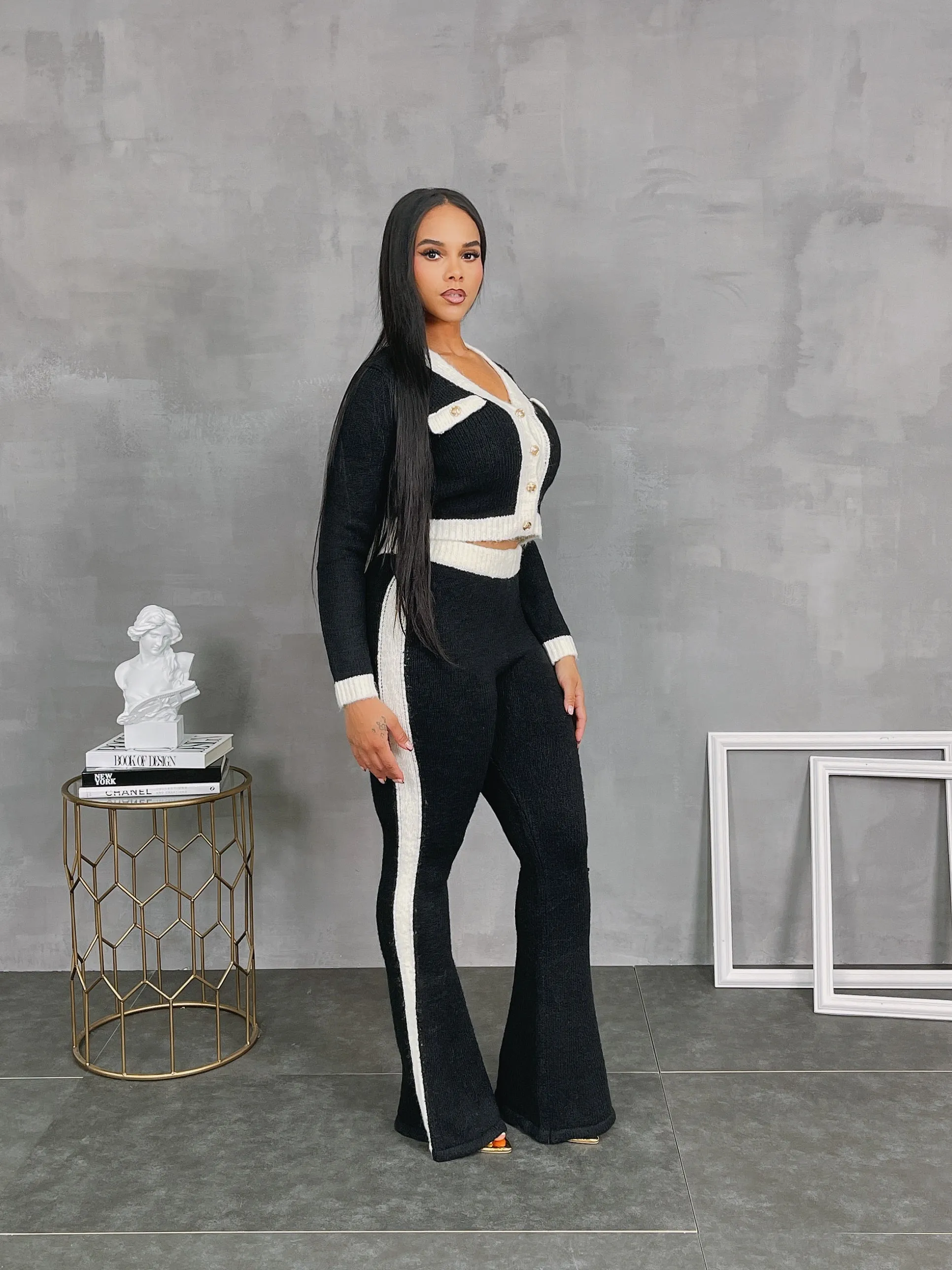 PT20420P - GOLD BOTTON KNIT CARDIGAN&PANTS SET