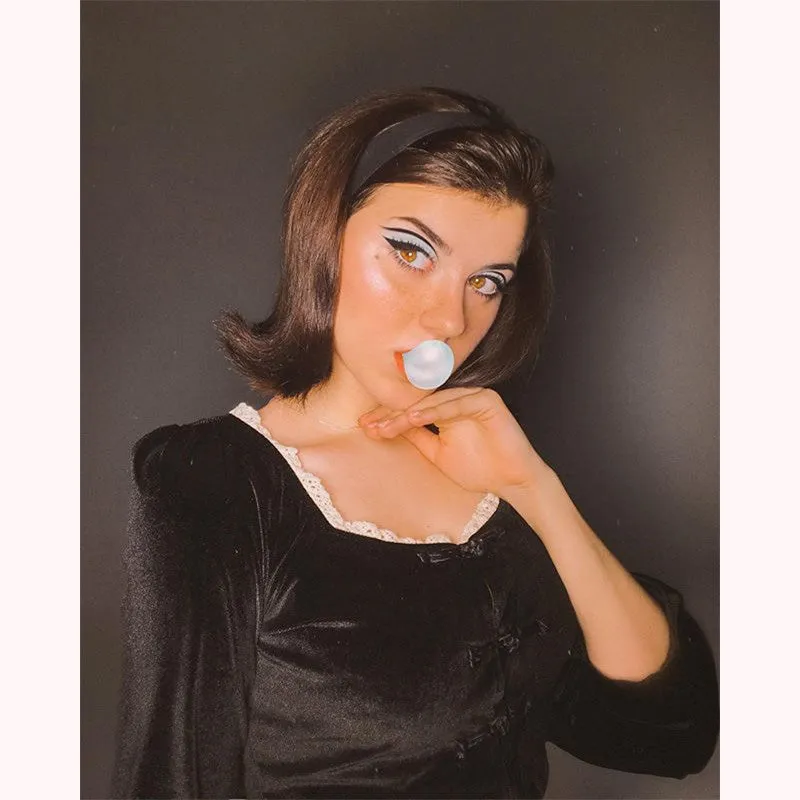 "BLACK RETRO VELVET LACE SQUARE COLLAR" CROP TOP K111601