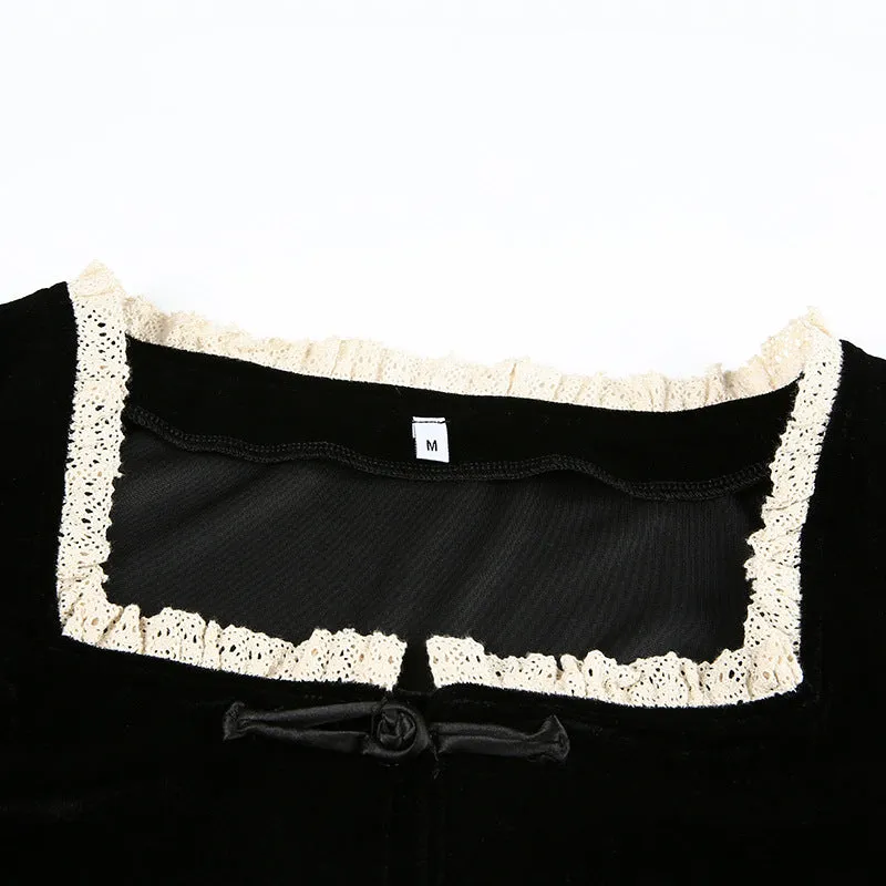 "BLACK RETRO VELVET LACE SQUARE COLLAR" CROP TOP K111601