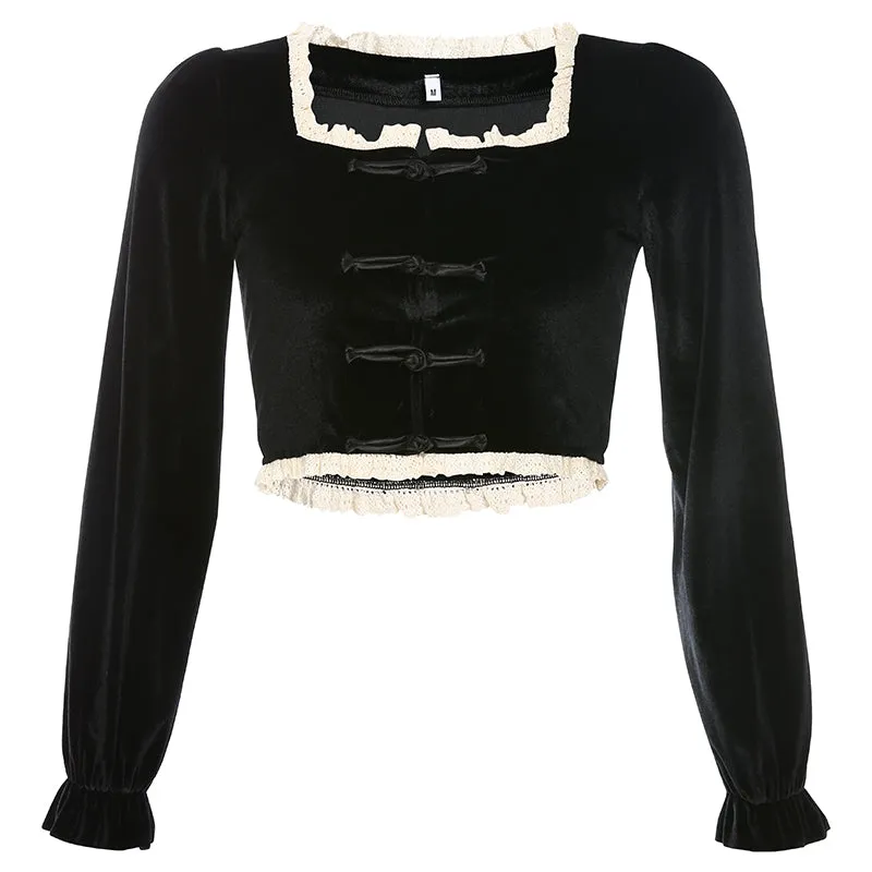 "BLACK RETRO VELVET LACE SQUARE COLLAR" CROP TOP K111601