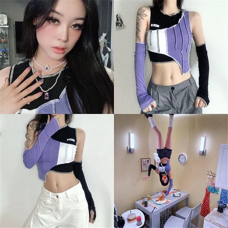 "IRREGULAR CONTRAST COLOR STITCHING" CROP TOP ( FREE SLEEVES ) N111007