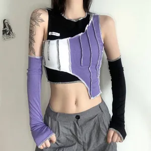 "IRREGULAR CONTRAST COLOR STITCHING" CROP TOP ( FREE SLEEVES ) N111007