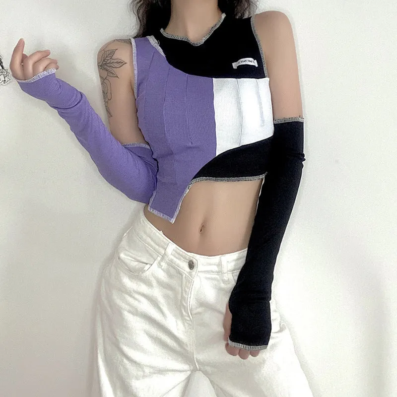 "IRREGULAR CONTRAST COLOR STITCHING" CROP TOP ( FREE SLEEVES ) N111007
