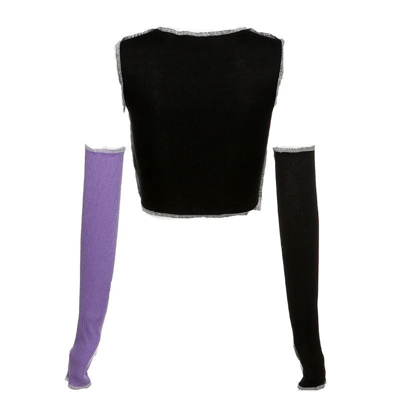 "IRREGULAR CONTRAST COLOR STITCHING" CROP TOP ( FREE SLEEVES ) N111007