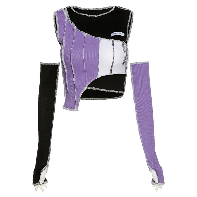 "IRREGULAR CONTRAST COLOR STITCHING" CROP TOP ( FREE SLEEVES ) N111007