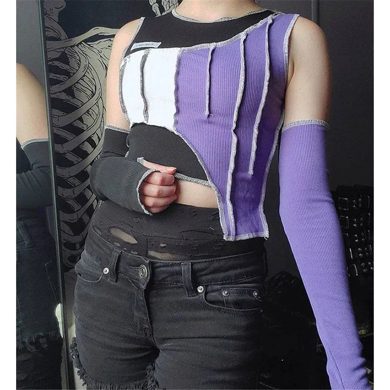 "IRREGULAR CONTRAST COLOR STITCHING" CROP TOP ( FREE SLEEVES ) N111007