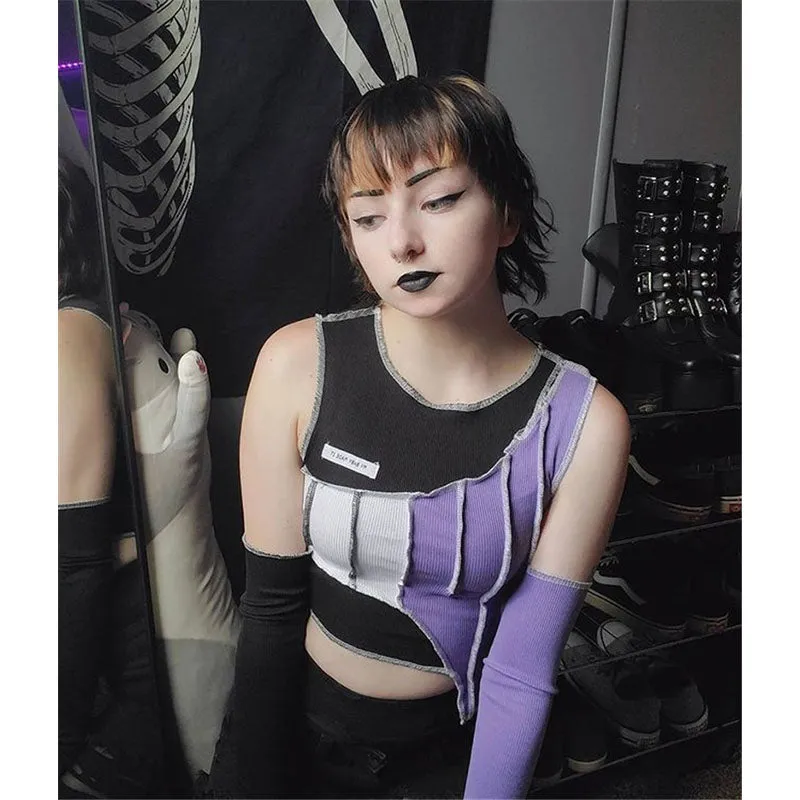 "IRREGULAR CONTRAST COLOR STITCHING" CROP TOP ( FREE SLEEVES ) N111007